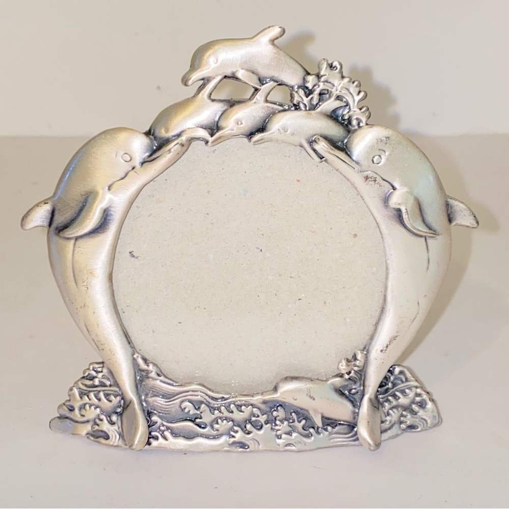 Vintage Pewter Dolphins & Waves Photo Picture Frame Coastal Beach Vacation Decor